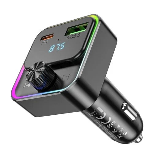 HOCO autós töltő Bravery PD30W QC3.0 + Bluetooth FM adó E81 fekete - 2