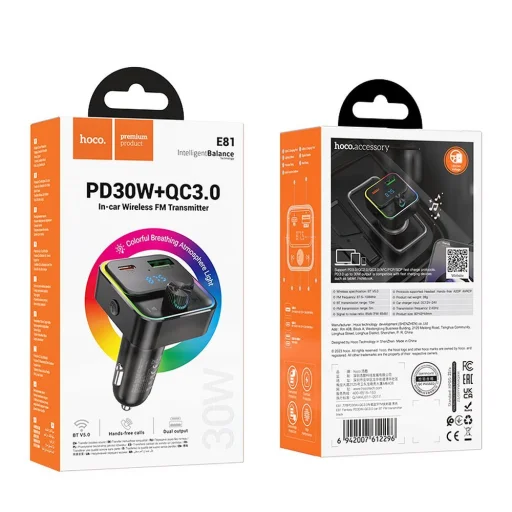 HOCO autós töltő Bravery PD30W QC3.0 + Bluetooth FM adó E81 fekete - 9