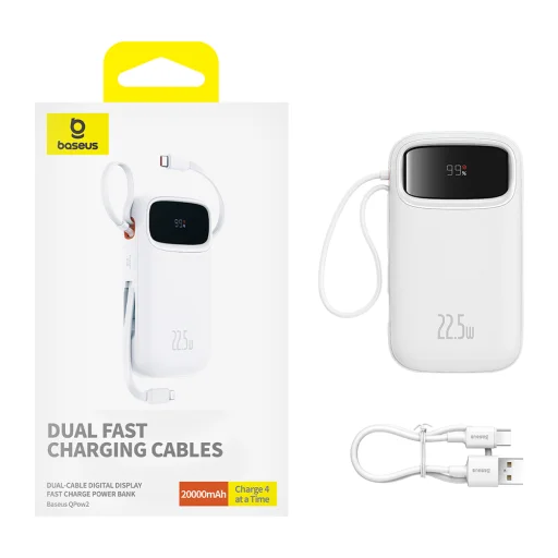 Baseus - Qpow Pro+ külső akkumulátor (P10055002223-00) - Lightning, 2x Type-C, USB, 22,5W, 20000mAh, Type-C kábel, 30 cm - Fehér - 7