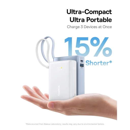 Baseus - PicoGo Power Bank (P10076803213-00) - Type-C, USB, Gyors töltés, 45W, 10000mAh, Beépített Type-C kábel - Fehér - 4