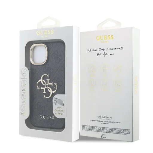 Guess PU 4G Fém Logós Állványos Kamera Keretes tok iPhone 15-höz Fekete tok - 7