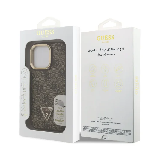 Guess PU 4G Strass Triangle Logo Stand Camera Frame MagSafe iPhone 15 Pro tok Barna - 7