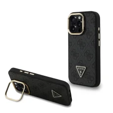  iPhone 16 Pro Fekete Guess PU 4G Strass Triangle Logo Állvány Kamera Keret MagSafe tok