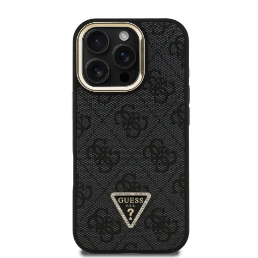  iPhone 16 Pro Fekete Guess PU 4G Strass Triangle Logo Állvány Kamera Keret MagSafe tok - 3