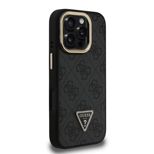  iPhone 16 Pro Fekete Guess PU 4G Strass Triangle Logo Állvány Kamera Keret MagSafe tok - 4