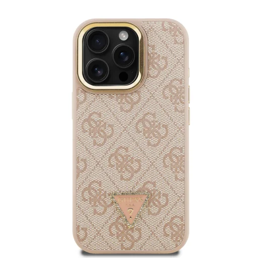 Guess PU 4G Strass Triangle Logo Stand Camera Frame MagSafe tok iPhone 15 Pro Max Pink - 3