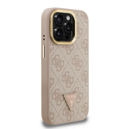 Guess PU 4G Strass Triangle Logo Stand Camera Frame MagSafe tok iPhone 15 Pro Max Pink - 4