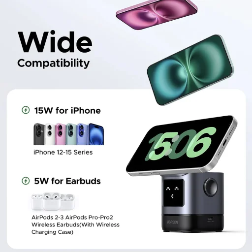 Ugreen - Vezeték nélküli töltő 2 az 1-ben W709 (45775) - Intelligens kijelző, MagSafe, iPhone-hoz, AirPods-hoz, USB-C, Vicces emoji, 25W - Fekete - 7