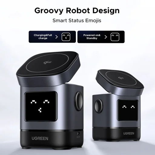 Ugreen - Vezeték nélküli töltő 2 az 1-ben W709 (45775) - Intelligens kijelző, MagSafe, iPhone-hoz, AirPods-hoz, USB-C, Vicces emoji, 25W - Fekete - 8