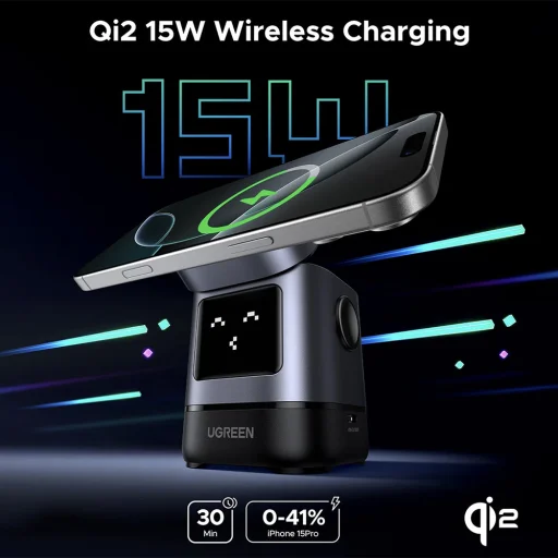 Ugreen - Vezeték nélküli töltő 2 az 1-ben W709 (45775) - Intelligens kijelző, MagSafe, iPhone-hoz, AirPods-hoz, USB-C, Vicces emoji, 25W - Fekete - 9