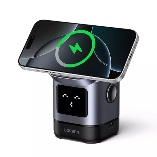 Ugreen - Vezeték nélküli töltő 2 az 1-ben W709 (45775) - Intelligens kijelző, MagSafe, iPhone-hoz, AirPods-hoz, USB-C, Vicces emoji, 25W - Fekete - 1