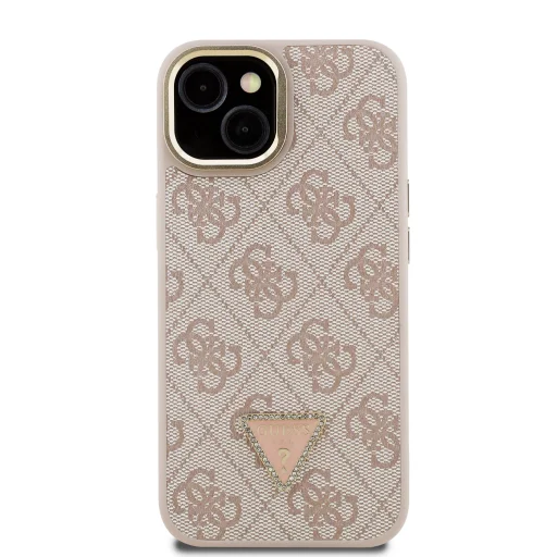  iPhone 14 Pink Guess PU 4G Strass Triangle Logo állványos kamera keret MagSafe tok - 3