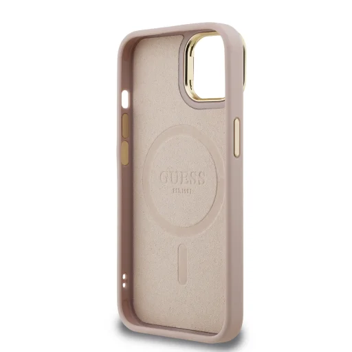  iPhone 14 Pink Guess PU 4G Strass Triangle Logo állványos kamera keret MagSafe tok - 6