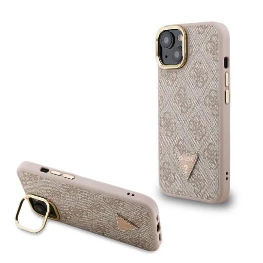  iPhone 14 Pink Guess PU 4G Strass Triangle Logo állványos kamera keret MagSafe tok - 1