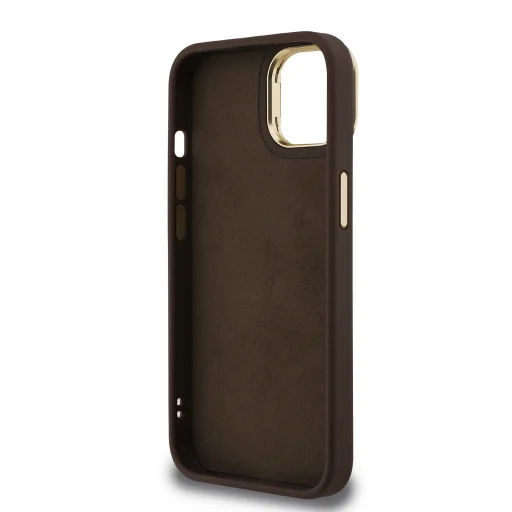  iPhone 14 Barna Guess PU 4G Fém Logó Állványos Kamera Keretes tok - 6