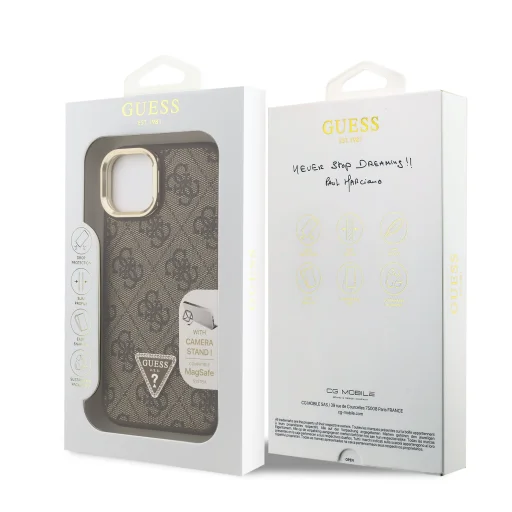  iPhone 14 Barna Guess PU 4G Strass Triangle Logo Stand Camera Frame MagSafe tok - 7