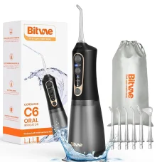  Bitvae - Vízsugár Flosszer (C6) - Nagyobb 300 ml-es méret, 6 fúvókával, 3 üzemmóddal, 5 intenzitással, újratölthető - Fekete / Arany