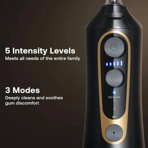  Bitvae - Vízsugár Flosszer (C6) - Nagyobb 300 ml-es méret, 6 fúvókával, 3 üzemmóddal, 5 intenzitással, újratölthető - Fekete / Arany - 3