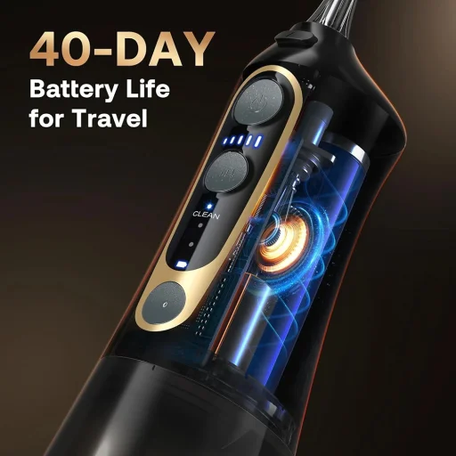  Bitvae - Vízsugár Flosszer (C6) - Nagyobb 300 ml-es méret, 6 fúvókával, 3 üzemmóddal, 5 intenzitással, újratölthető - Fekete / Arany - 4