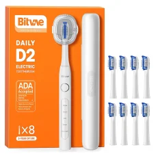  Bitvae - Elektromos Fogkefe Napi (D2) - Ultrahangos, 8 Fej, Tartó, Tok, Intelligens Időzítő, IPX7, 5 Mód, Újratölthető - Fehér