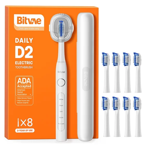  Bitvae - Elektromos Fogkefe Napi (D2) - Ultrahangos, 8 Fej, Tartó, Tok, Intelligens Időzítő, IPX7, 5 Mód, Újratölthető - Fehér - 1