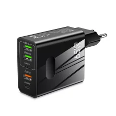 Techsuit - Prémium Fali Töltő PentaXPower (CHC1) - 3x USB, 2x Type-C PD 25W, 65W, GaN, 1m - Fekete