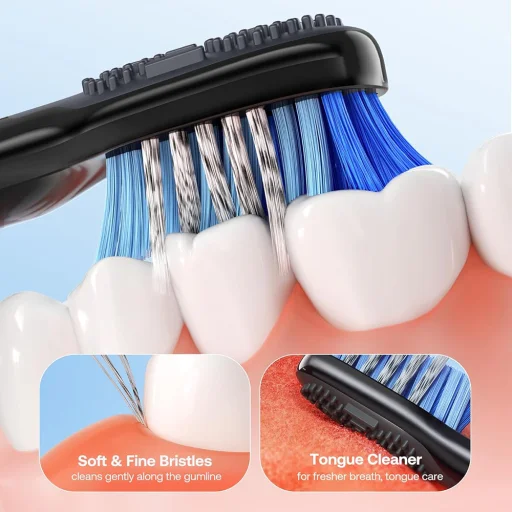  Bitvae - Elektromos Fogkefe Napi (D2) - Ultrahangos, 8 Fej, Tartó, Tok, Intelligens Időzítő, IPX7, 5 Mód, Újratölthető - Fekete - 3