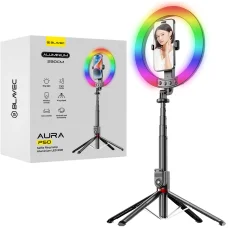 Blavec Selfie Körfényt lámpa Alumínium Aura LED RGB Körfény P50 25cm állvány + távirányító + 2,3 méter (RLP50-TRB23) fekete
