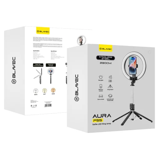 Blavec Selfie Ring lámpa Aura LED Ring P55 25cm állvány + távirányító + 2,3 méter (RLP55-TRB23) fekete - 12