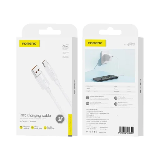 FONENG kábel XS07 USB-C 3A 1M Fehér - 1