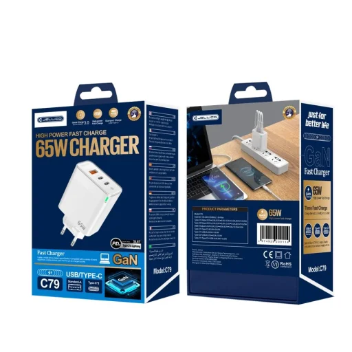 JELLICO fali töltő C79 GaN PD 65W 2xUSB-C + 1xUSB QC3.0 + kábel USB-C - Lightning Fehér - 2