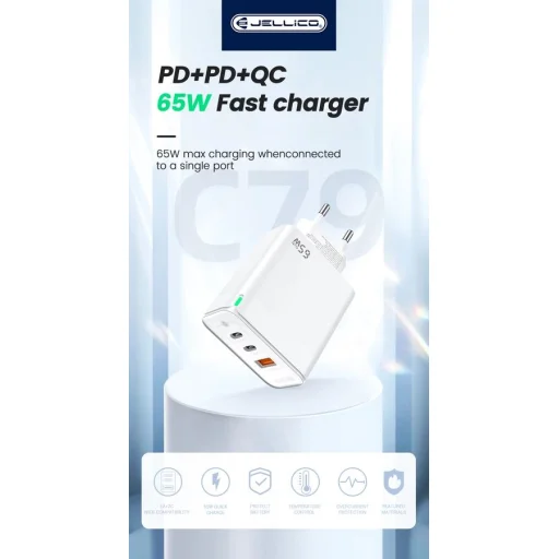 JELLICO fali töltő C79 GaN PD 65W 2xUSB-C + 1xUSB QC3.0 + kábel USB-C - USB-C Fehér - 4