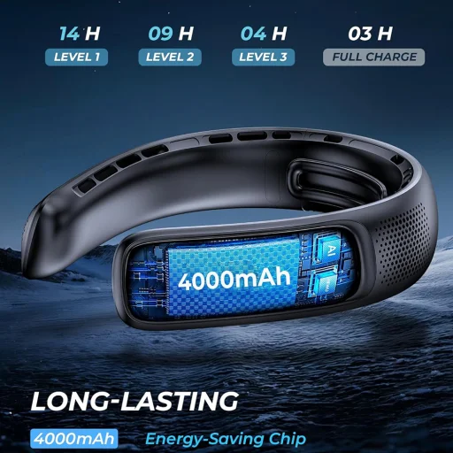  Techsuit - Nyakventilátor (S11) - Hordozható, Szilikon Támasszal, 4-szeres Légáramlás, Digitális Kijelző, 4000mAh, 4800RPM - Fehér - 2