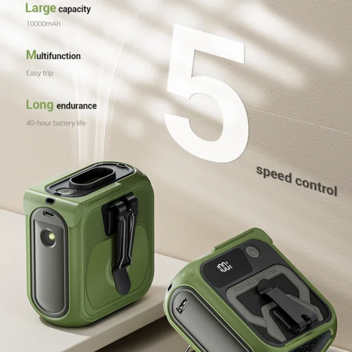  Techsuit - Prémium Hordozható Mini Ventilátor (Z13) - Power Bankkal, Újratölthető, 5 Szélsebességgel, Övbújtatóval, 10000mAh - Zöld - 5