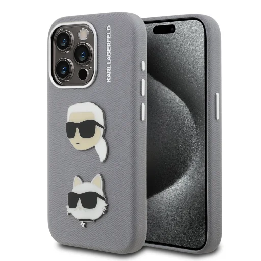  iPhone 15 Pro Max szürke Karl Lagerfeld Grained PU K&CH Heads tok - 1