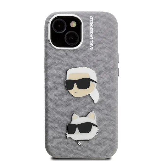  iPhone 15 Szürke Karl Lagerfeld Grained PU K&CH Heads tok - 3
