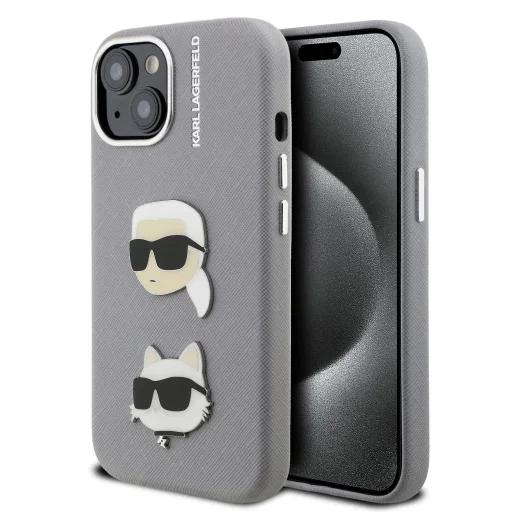  iPhone 15 Szürke Karl Lagerfeld Grained PU K&CH Heads tok - 1