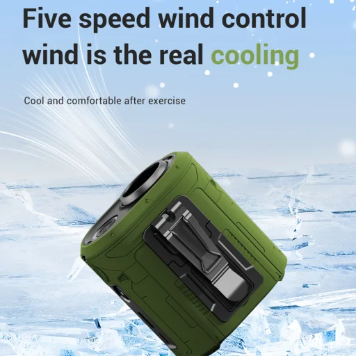  Techsuit - Prémium Hordozható Mini Ventilátor (Z14) - Power Bankkal, Újratölthető, 5 Szélerősséggel, Övcsattal, 5000mAh - Zöld - 5