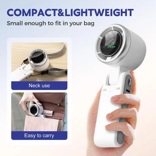  Techsuit - Prémium Mini Kézi Ventilátor (A9) - LED Digitális Kijelzővel, USB-C Újratölthető, 5 Szélsebesség, 5000mAh - Fekete - 3