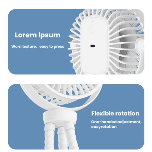  Techsuit - Babakocsi Ventilátor (VP1) - Hordozható, Négysebességes, 360°-ban Hajlítható Tripod Csiptető, 4000mAh - Fekete - 8