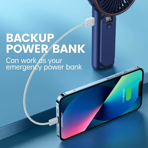  Techsuit - Prémium Mini Kézi Ventilátor (M12) - LED digitális kijelzővel, USB-C tölthető, 6 szélsebesség, 5000mAh - Kék - 2