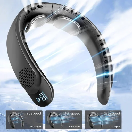 Techsuit - Nyakventilátor (S8) - Hordozható, digitális kijelzővel, 3 szélsebesség, 4000mAh, 7300RPM - Fekete - 3