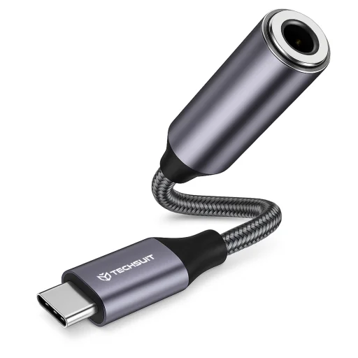 Techsuit - Premium Kábel Adapter MusicDoX (AC8) - 3,5 mm-es jack, Hi-Fi Hangzás, 3A, ABS, 0,1 m - Szürke - 1