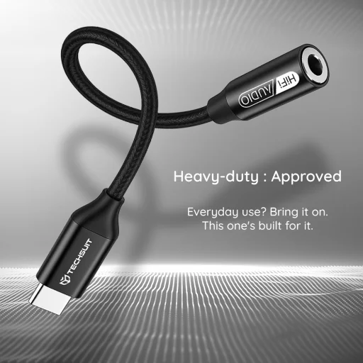Techsuit - Prémium Kábel Adapter FuseXound (AC13) - Type-C a 3.5mm Jackhez, Hi-Fi Minőség, DAC Chip, 3A, 16bit/48kHz - Fekete - 3