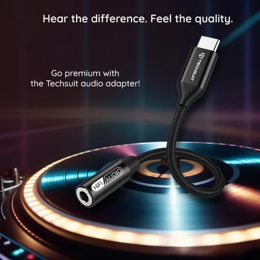 Techsuit - Prémium Kábel Adapter FuseXound (AC13) - Type-C a 3.5mm Jackhez, Hi-Fi Minőség, DAC Chip, 3A, 16bit/48kHz - Fekete - 4