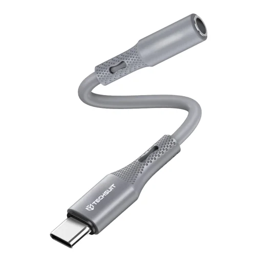 Techsuit - Prémium Hang Adapter SoundFleX (AC1) - Type-C - 3,5 mm Jack, Hi-Fi Minőség, DAC Chip, Szilikagél, 0,1 m - Szürke - 1
