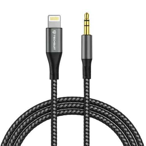 Techsuit - Prémium Kábel Adapter NexaSound (AC17) - Lightning-ról 3,5 mm-es Jack-re, Nylon Fonott + Alumínium Ötvözet, 1m - Szürke - 1