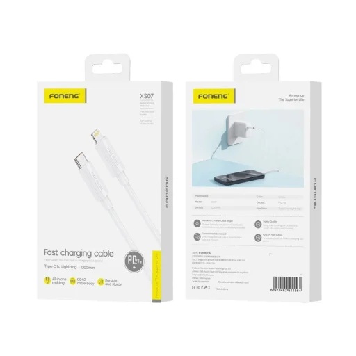 FONENG kábel XS07 USB-C - Lightning PD 27W 1.2M Fehér - 1