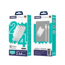 JELLICO hálózati USB töltő adapter EU02 2.4A 12W 2xUSB + kábel Micro Fehér