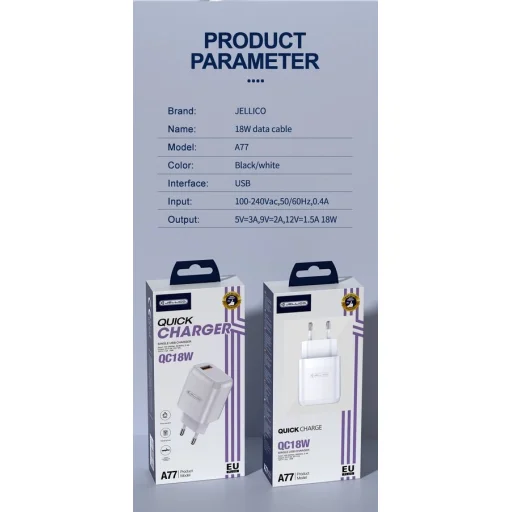 JELLICO fali töltő A77 22,5W 1xUSB QC3.0 + kábel Lightning Fehér - 5